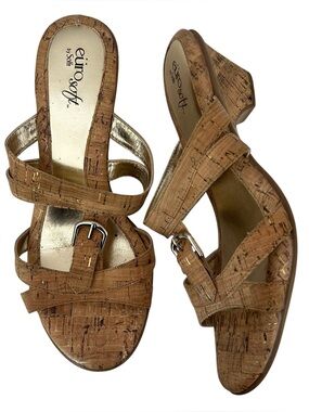 Eurosoft‎ by Sofft Cork Print Slide Sandals Women’s Size 8 Kitten Heel Gold